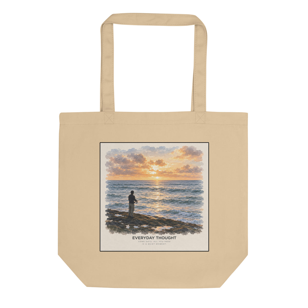 Oyster organic cotton canvas tote bag printed with an illustration of a person fishing quietly by the sea