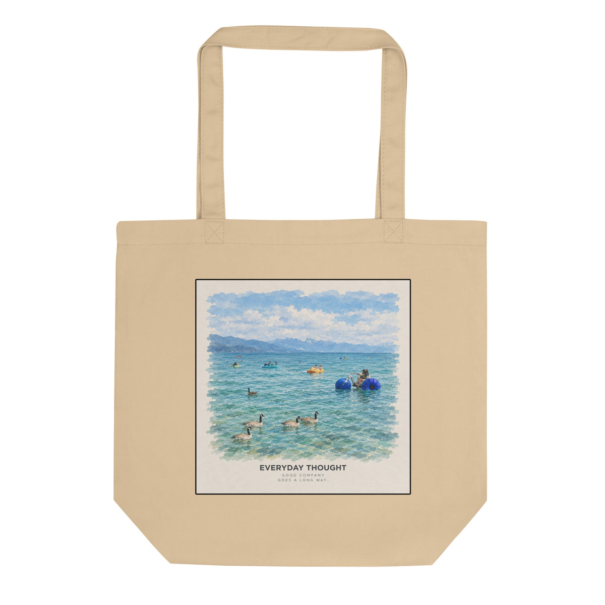 Oyster organic cotton canvas tote bag printed with an illustration of people rolling in the summer waves