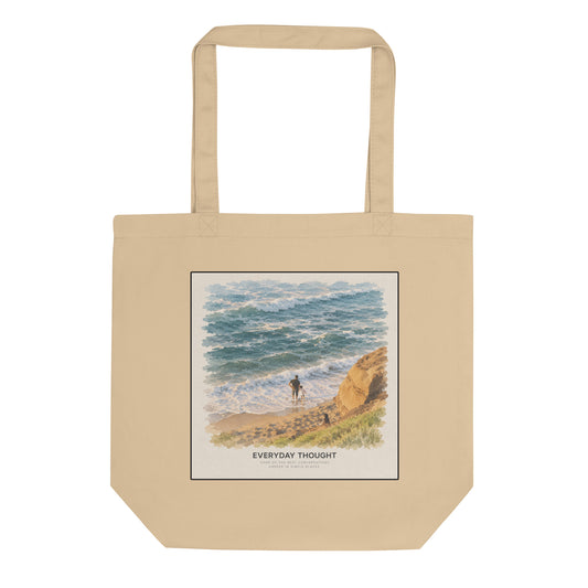 Oyster organic cotton canvas tote bag printed with an illustration of a father and child by the sea