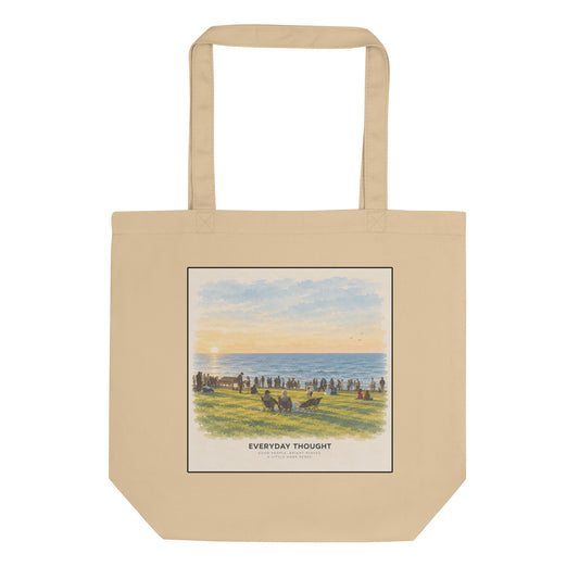 Oyster organic cotton canvas tote bag printed with an illustration of a group of people watching the sunset by the sea